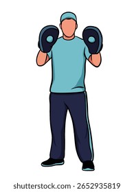 Vetor desenhado à mão de um homem vestindo uma camisa azul clara, calças escuras e boné, segurando duas luvas de foco de cor escura para boxe ou treinamento de artes marciais. pose em pé, estilo de esboço