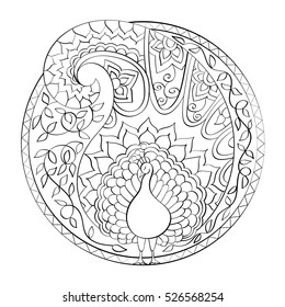 Hand-drawn vector mandala, book page mandala, indian peacock, outline mandala