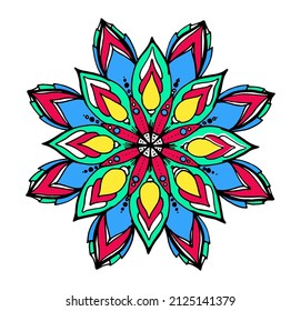 mandala vector de colores brillantes dibujada a mano. Mandala redondeó un patrón simétrico estilizado de pétalos de flores azules y rojas y amarillas con una línea negra sobre blanco. elemento aislado 