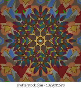 Hand-drawn vector mandala with colored abstract pattern on a blue, brown and yellow colors. Bag design.