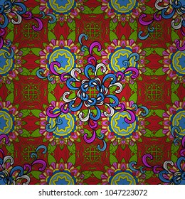 Hand-drawn vector mandala with colored abstract pattern on a green, red and blue colors. Bag design.