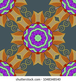 Hand-drawn vector mandala with colored abstract pattern on a blue, brown and yellow colors. Bag design.