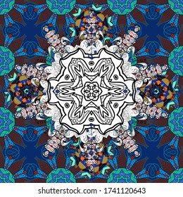 Hand-drawn vector mandala with colored abstract pattern on a black, blue and white colors. Bag design.
