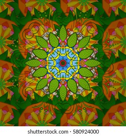 Hand-drawn vector mandala with colored abstract pattern on a background. Bag design.