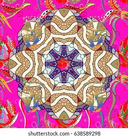 Hand-drawn vector mandala with colored abstract pattern on a blue background. Bag design.