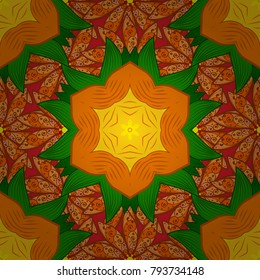 Hand-drawn vector mandala with colored abstract pattern on a orange, green and brown colors. Bag design.