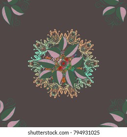 Hand-drawn vector mandala with colored abstract pattern on a brown, green and neutral colors. Bag design.