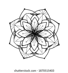 vector dibujado a mano Mandala. Elementos de decoración étnica. Antecedentes dibujados a mano. Motivos islámicos, árabes, indios y otomanos. contorno de flor redondo estilizado patrón simétrico con una línea negra en blanco