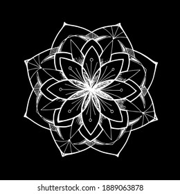 hand-drawn vector Mandala. Ethnic decorative elements. Hand-drawn background. Islam, Arab, Indian, and Ottoman motifs. flower outline round stylized symmetrical pattern with a white line on a black