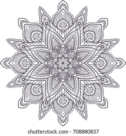 Hand-drawn vector mandala, floral and tribal circular ornament for coloring isolated on a white background. Zendoodle. Ornament could be used as shirt print, textile, coloring book, tattoo design.