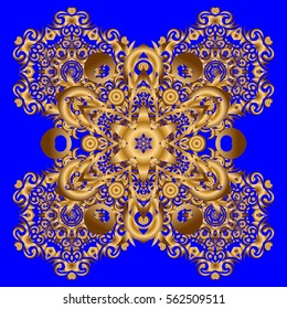 Hand-drawn vector mandala with golden abstract pattern, isolated on a blue background. Bag design.