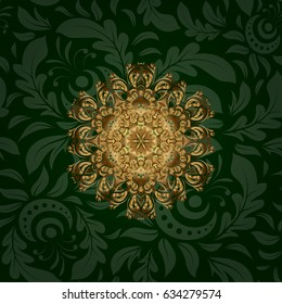 Hand-drawn vector mandala with golden abstract pattern, isolated on a green background. Bag design.