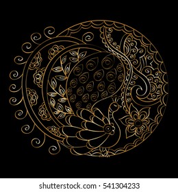 Hand-drawn vector mandala, golden on black background, indian peacock, indian pattern.