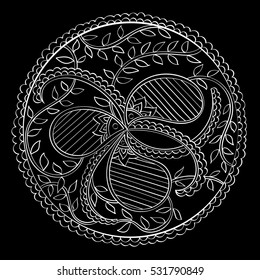 Hand-drawn vector mandala, white on black, outline mandala. For bag design or textile print