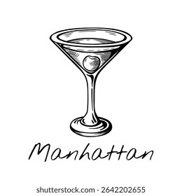 Vetor desenhado à mão do coquetel de Manhattan com cereja em um copo de cupê. Esboço retro elegante perfeito para menu de bar, clássicos visuais de bebida, ou projetos com temas de mixologia.