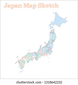 Hand-drawn vector map of Japan highlighting its regions.