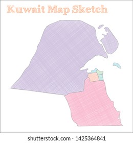 Hand-drawn vector map of Kuwait with colorful regions.