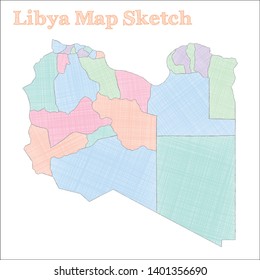 Hand-drawn vector map of Libya showcasing its regions and borders in a colorful and artistic style.