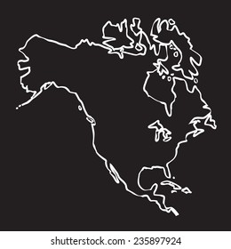 Hand-drawn vector map of North America. White outline illustration on black background.