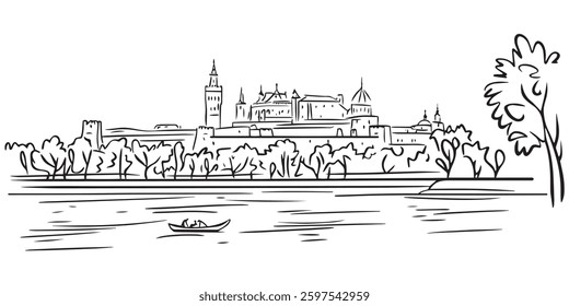 hand-drawn vector of a medieval castle by the river with a small boat, black and white landscape illustration