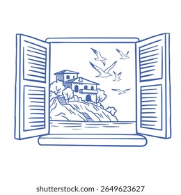 Hand-drawn vector of a Mediterranean window view with flying seagulls and coastal village. Summer Italy landscape, minimalist blue line art perfect for travel and vacation themes
