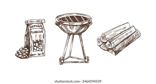 Esbozo monocromo de Vector dibujado a mano de parrilla de barbacoa, carbón y leña sobre fondo blanco. Ilustración vintage de Doodle. Decoraciones para el menú de cafés y etiquetas.