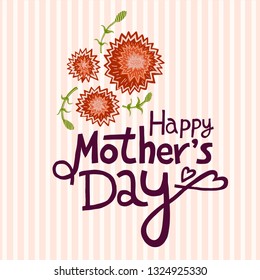 Hand-drawn vector Mother's Day card with text Happy Mother's day, carnation flowers on beige striped background. Naive, childish style. Square format.