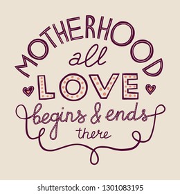 Hand-drawn vector Mother's Day lettering with quote on beige background. Motherhood: all love begins and ends here. Use for web or to print cards.