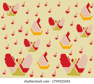 Hand-drawn vector multicolored boats of different geometric shapes on a light pink background. Abstract hi-tech background for your textile and packaging design.