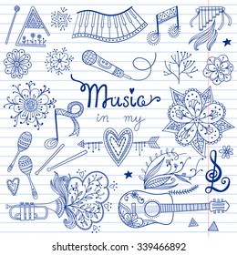 Hand-drawn vector music instruments and ornamental floral elements in 60s style.