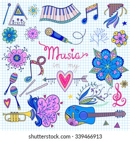 Hand-drawn vector music instruments and ornamental floral elements in 60s style.