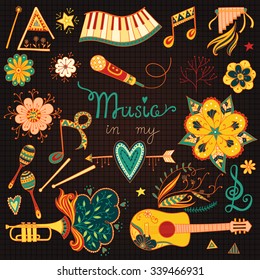 Hand-drawn vector music instruments and ornamental floral elements in 60s style.