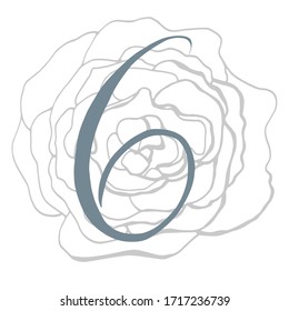 Hand-drawn vector number six with flower