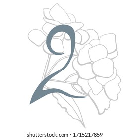 Hand-drawn vector number two with flower
