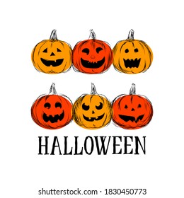 Hand-drawn in vector orange colored pumpkins of several types for use in the design of the holiday Halloween
