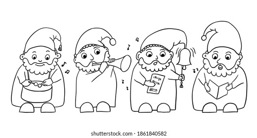 Hand-drawn vector outline illustration of Christmas gnomes playing musical instruments for coloring pages. Cute design for winter holidays. Funny cartoon characters of Santa helpers isolated on white