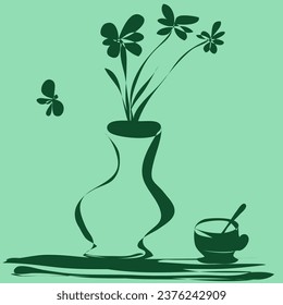 Ilustración del contorno del vector dibujado a mano en forma de jarrón con flores y toro