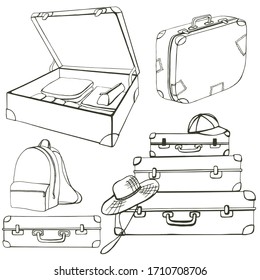 Conjunto de contorno de vector dibujado a mano con maleta y mochila
