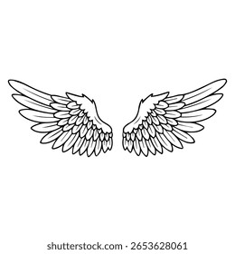 Hand-Drawn Vector Outline Symmetrical Angel Wing Pair with Three Layered Feather Sections and Soft Curved Line Art in Black on White Background