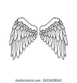 Hand-Drawn Vector Outline Symmetrical Angel Wing Pair with Three Layered Feather Sections and Soft Curved Line Art in Black on White Background