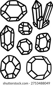 Hand-drawn vector outlines of various crystals and faceted gemstones, presented with a rough, textured sketch style, ideal for design elements