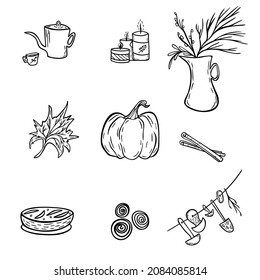 The handdrawn vector pack ot fall attributes with cozy aestetic. Black and white objects. 