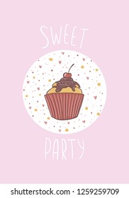 Hand-drawn vector party card with cupcake