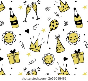 Padrão vetorial desenhado à mão com rabiscos de aniversário e festa. Contorno preto com preenchimentos de cor amarela. Os elementos incluem presentes, coroas, flores, balões, champanhe. Estilo divertido para crianças, impressão, embalagem