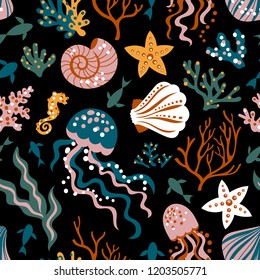 Hand-drawn vector pattern with corals, seashells, jellyfish and seaweed. Beautiful design for fabric
