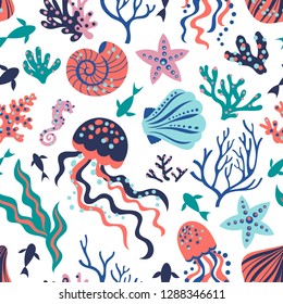 Hand-drawn vector pattern with corals, seashells, jellyfish and seaweed. Beautiful design for fabric