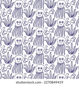 Hand-drawn vector pattern with corals, seashells, jellyfish and seaweed. Beautiful design for fabric
