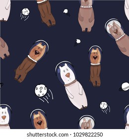 Hand-drawn vector pattern with cute funny bears astronaut on a spacewalk. Isolated objects. The design concept for children. Notebooks, labels, diary, accessories-school.