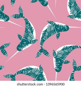 Hand-drawn vector pattern with cute narwhal. Beautiful design for textile in trendy colors.
