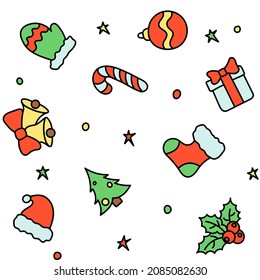 Hand-drawn vector pattern in a doodle style with Christmas elements.
